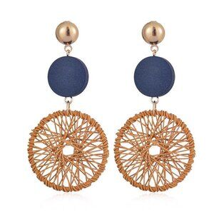 Retro Style Wooden and Wire Woven Disc Marigold Yellow and Blue Drop Earrings